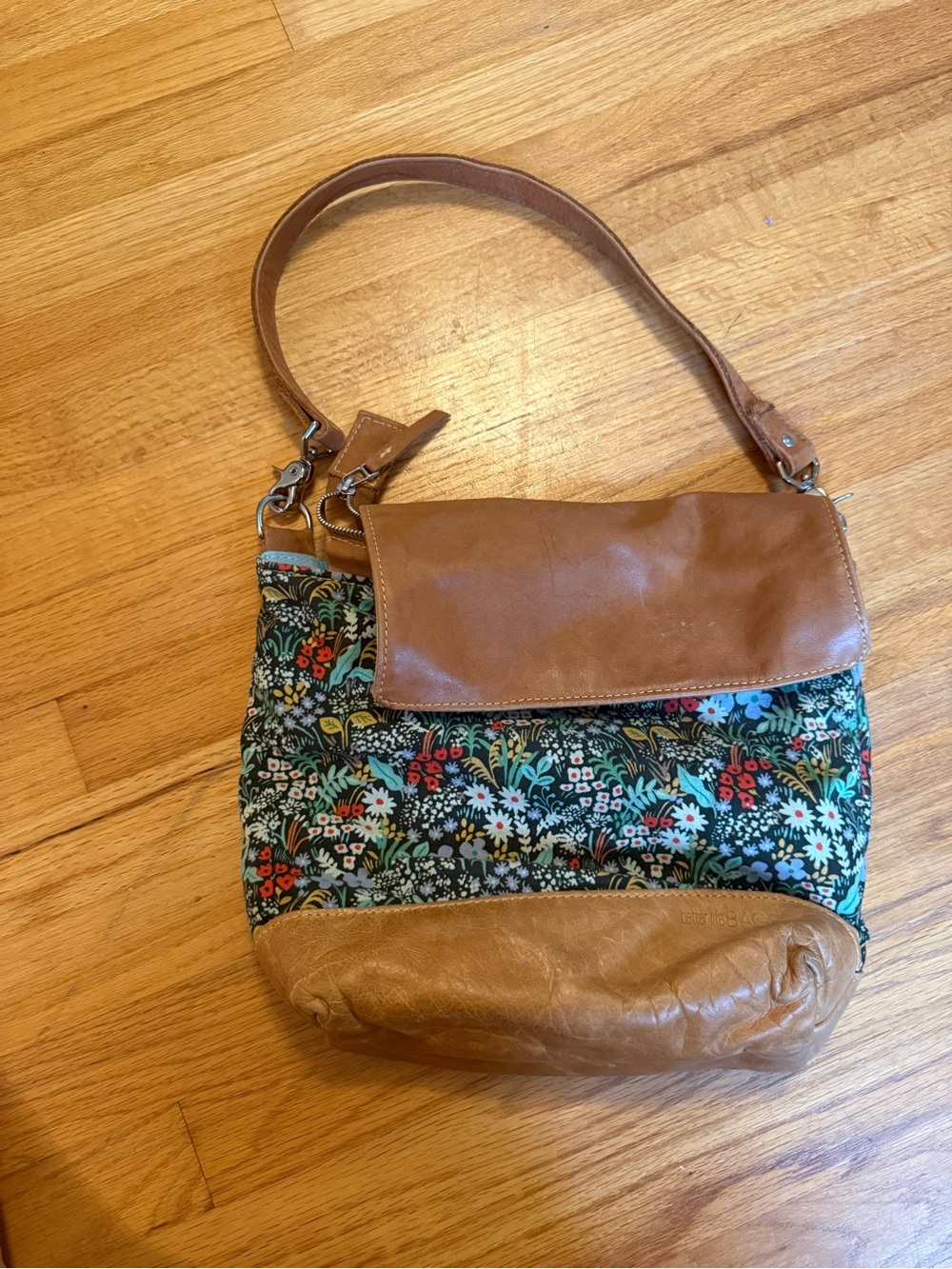 Floral Print Shoulder Bag with Tan Leather Trim